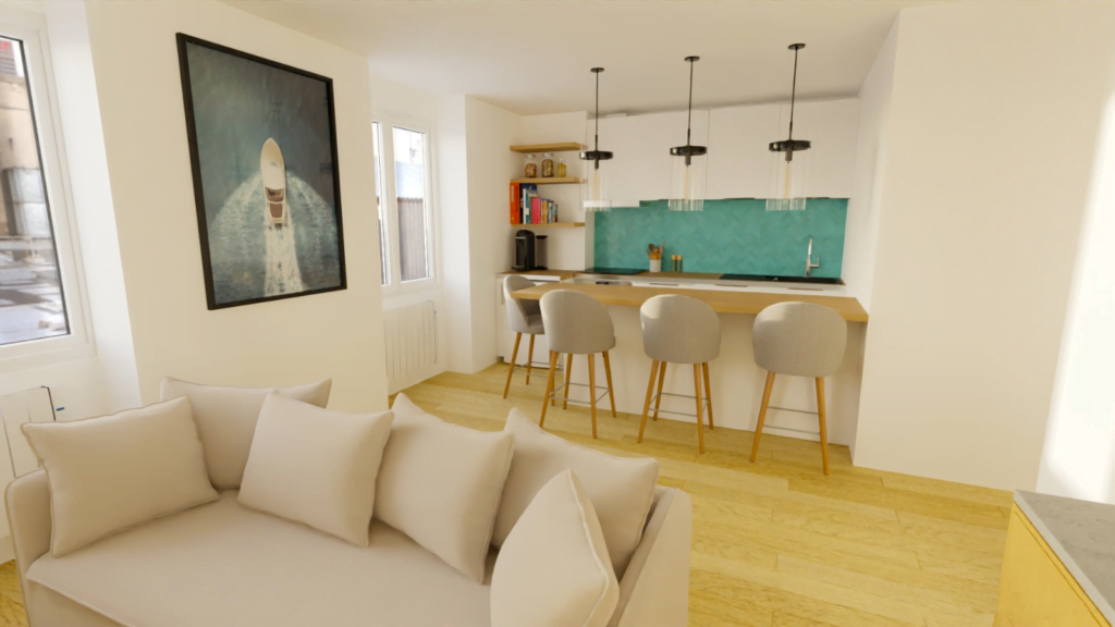 Photo de l'intérieur d'un appartement en projection 3D réalisé par nos équipes